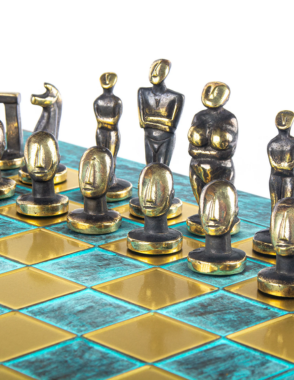 MANOPOULOS Cycladic Art Metal Chess set with Bronze - ?lue Chessmen from Solid Brass - 44cm Chessboard in Antiq