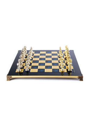 MANOPOULOS Classic Metal Staunton Chess set with Gold - Silver Chessmen - 44cm Chessboard in Blue