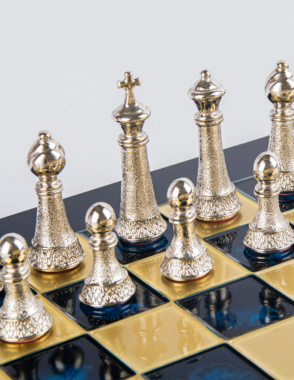 MANOPOULOS Classic Metal Staunton Chess set with Gold - Silver Chessmen - 44cm Chessboard in Blue