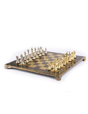 MANOPOULOS Classic Metal Staunton Chess set with Gold - Silver Chessmen - 44cm Chessboard in Brown