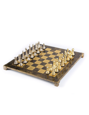 MANOPOULOS Classic Metal Staunton Chess set with Gold - Silver Chessmen - 44cm Chessboard in Brown