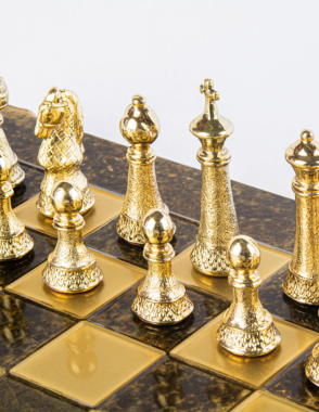 MANOPOULOS Classic Metal Staunton Chess set with Gold - Silver Chessmen - 44cm Chessboard in Brown