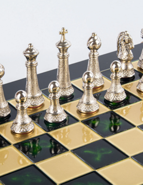 MANOPOULOS Classic Metal Staunton Chess set with Gold - Silver Chessmen - 44cm Chessboard in Green