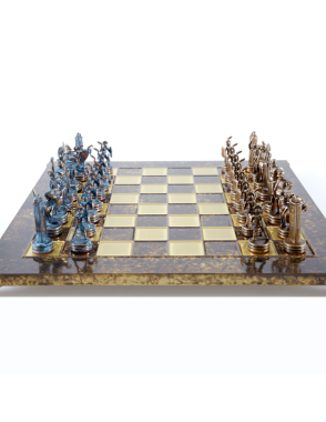 MANOPOULOS Greek Mythology Metal Chess set with Bronze - Blue Chessmen - 36cm Chessboard in Brown