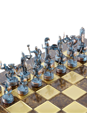 MANOPOULOS Greek Mythology Metal Chess set with Bronze - Blue Chessmen - 36cm Chessboard in Brown