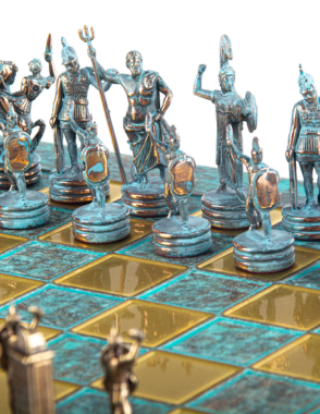 MANOPOULOS Greek Mythology Metal Chess set with Bronze - Blue Chessmen - 36cm Chessboard in Antique Turquoise P
