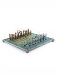 Load image into Gallery viewer, Greek Mythology Metal Chess set with Bronze - Blue Chessmen - 36cm Chessboard in Antique Turquoise P
