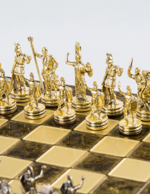 MANOPOULOS Greek Mythology Metal Chess set with Bronze - Gold Chessmen - 36cm Chessboard in Brown