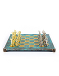Load image into Gallery viewer, MANOPOULOS Discus Thrower Metal Chess set with Gold - Silver Chessmen - 36cm Chessboard in Antique Turquoise pa
