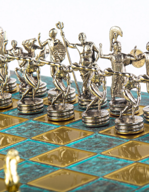MANOPOULOS Discus Thrower Metal Chess set with Gold - Silver Chessmen - 36cm Chessboard in Antique Turquoise pa