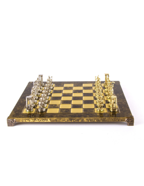 MANOPOULOS Minoan warrior Metal Chess set with Gold - Silver Chessmen - 36cm Chessboard in Brown