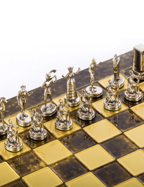 Minoan warrior Metal Chess set with Gold - Silver Chessmen - 36cm Chessboard in Brown