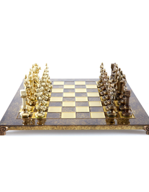 Renaissance Metal Chess set with Bronze - Gold Chessmen - 36cm Chessboard in Brown