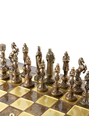 MANOPOULOS Renaissance Metal Chess set with Bronze - Gold Chessmen - 36cm Chessboard in Brown