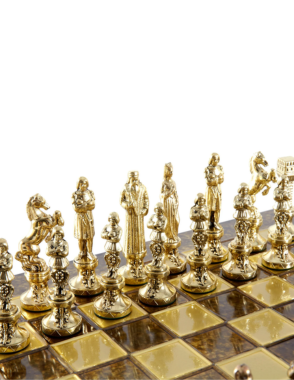 MANOPOULOS Renaissance Metal Chess set with Bronze - Gold Chessmen - 36cm Chessboard in Brown