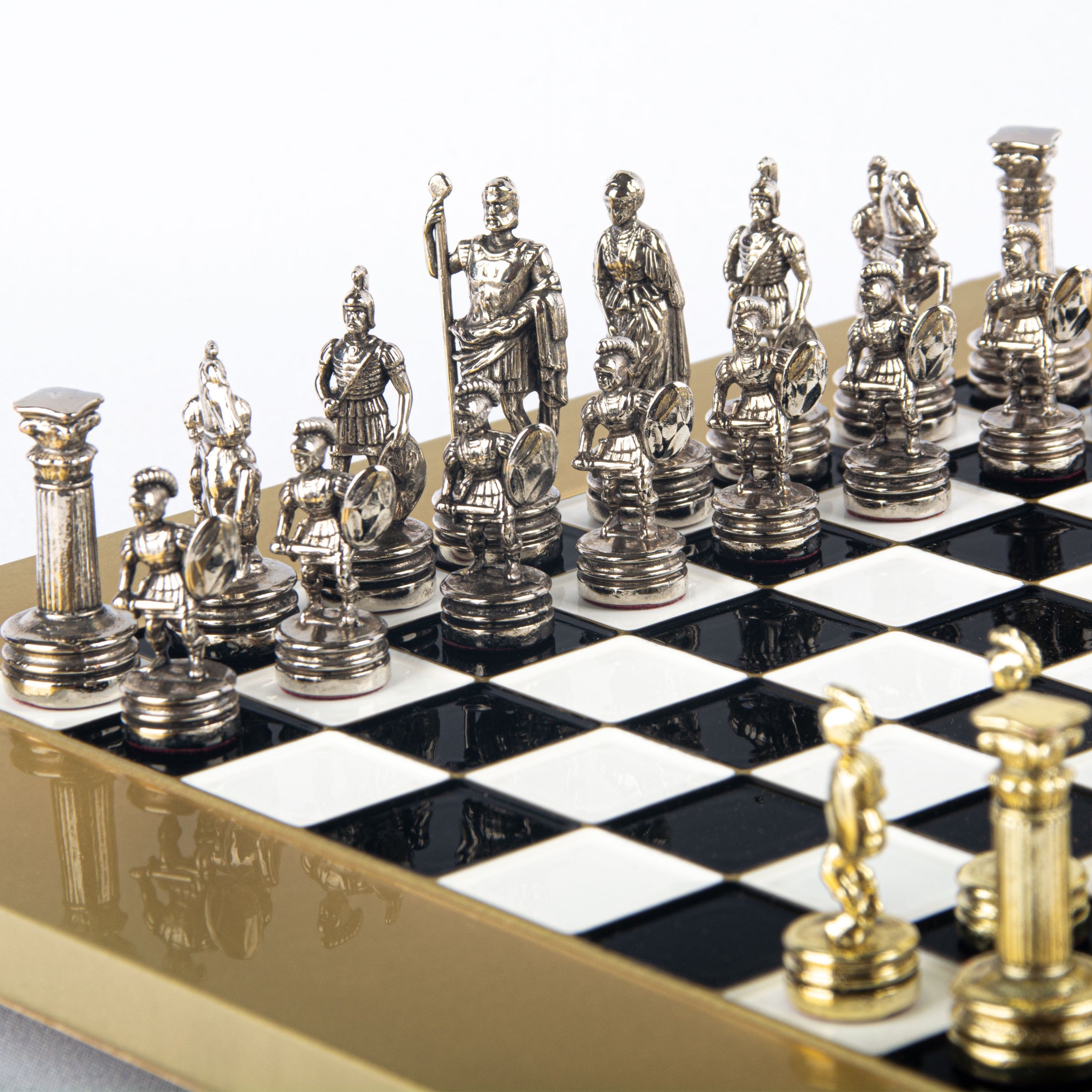 MANOPOULOS Greek Roman Period Metal Chess Set with Gold & Silver Chessmen & 28cm Chessboard in Black & White