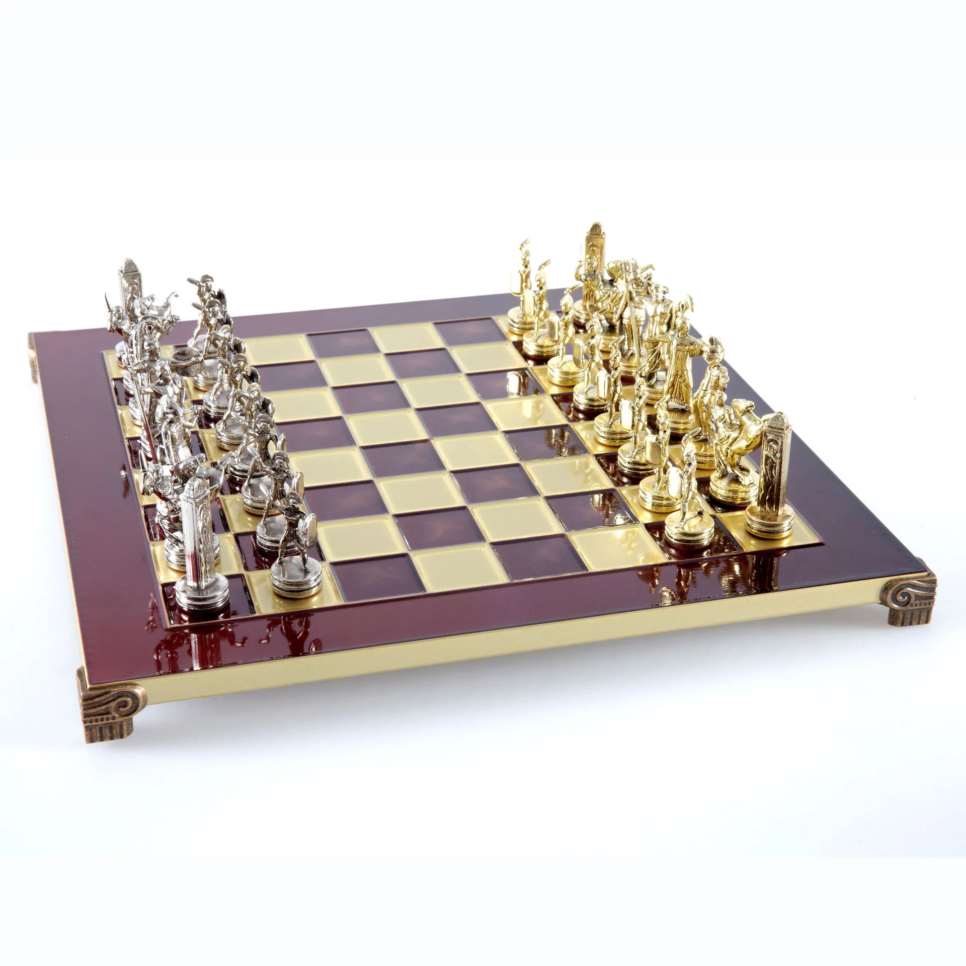 MANOPOULOS Greek Mythology Metal Chess Set with Gold & Silver Chessmen & 36cm Chessboard in Red