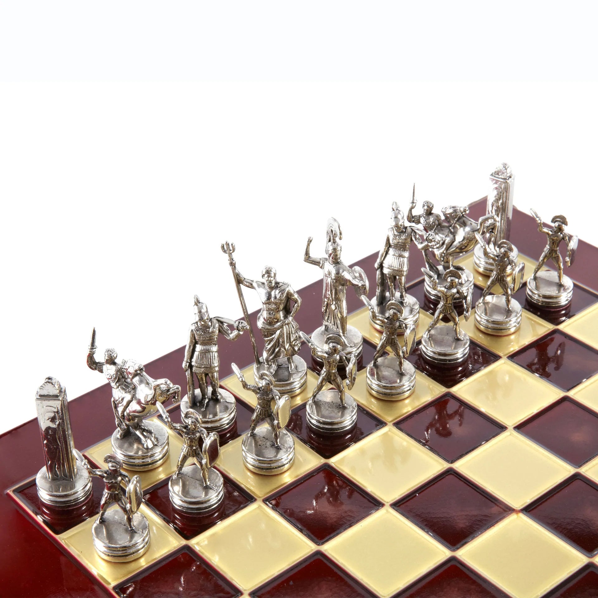 MANOPOULOS Greek Mythology Metal Chess Set with Gold & Silver Chessmen & 36cm Chessboard in Red