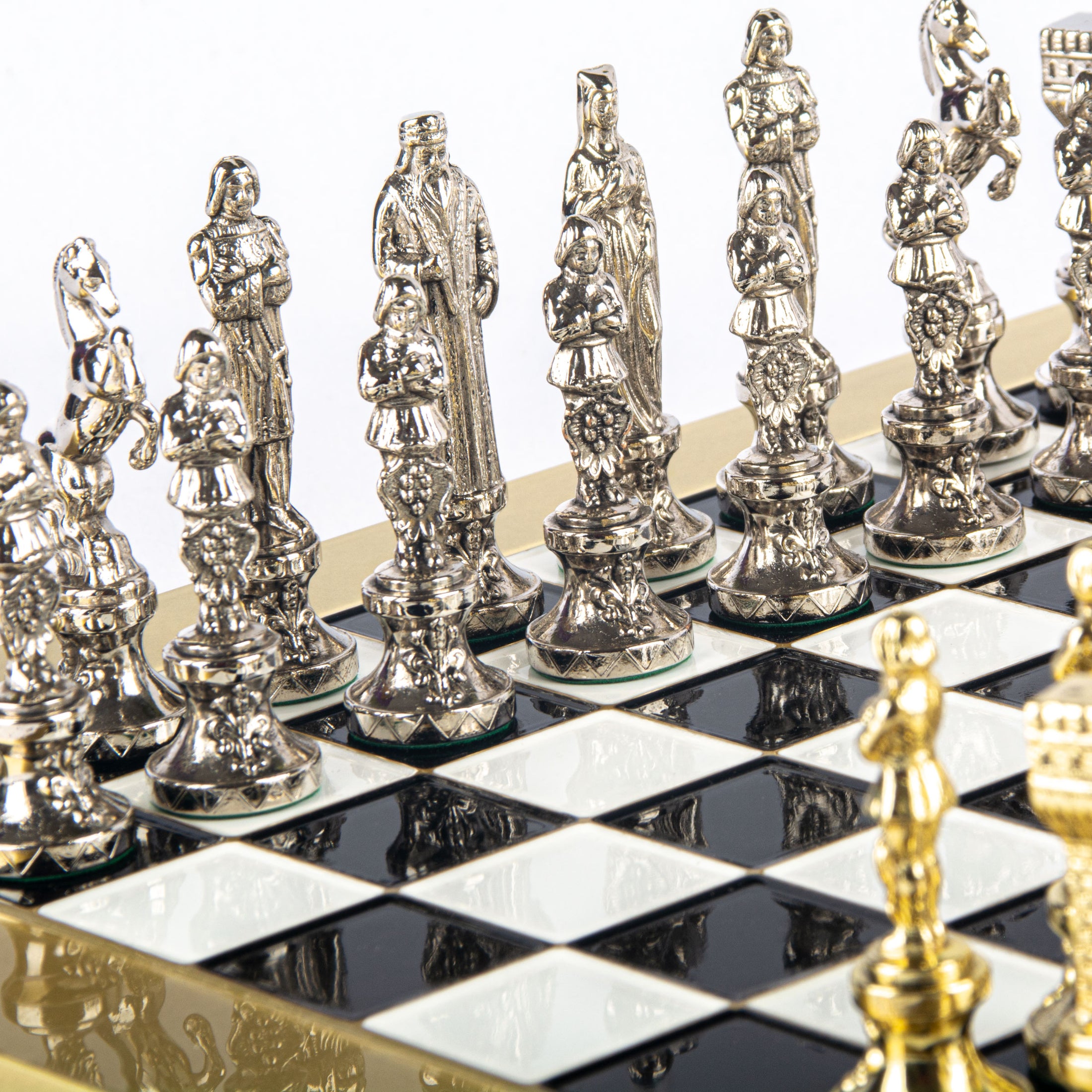 Renaissance Metal Chess set with Gold - Silver Chessmen - 36cm Chessboard in BLACK AND WHITE