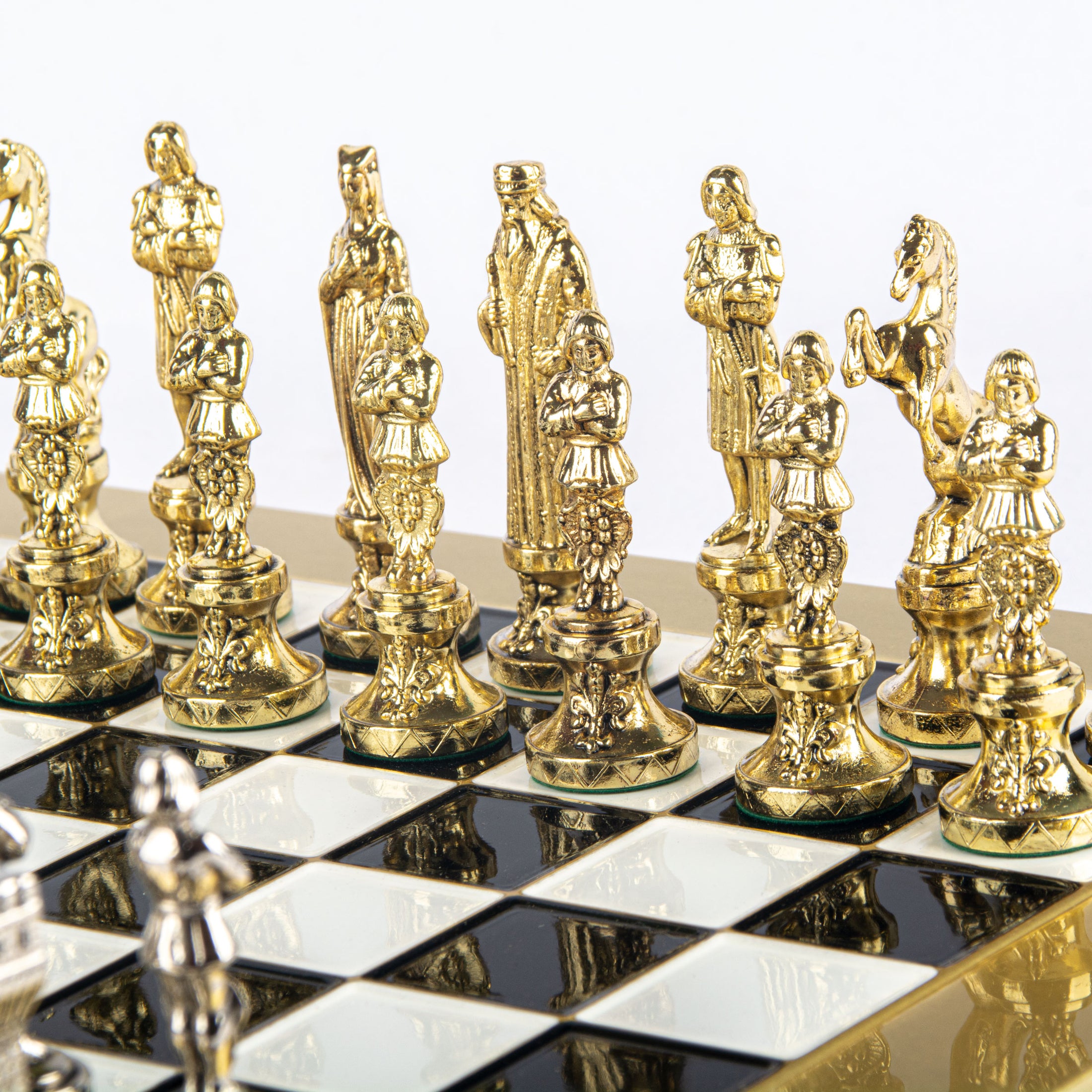 Renaissance Metal Chess set with Gold - Silver Chessmen - 36cm Chessboard in BLACK AND WHITE
