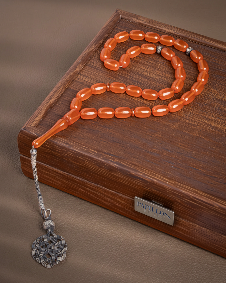 Faturan Subha with Silver Tassel – 33 Beads - Orange