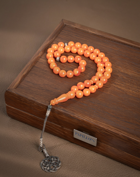 Carrot Bakelite Subha with Silver Tassel – 45 Beads