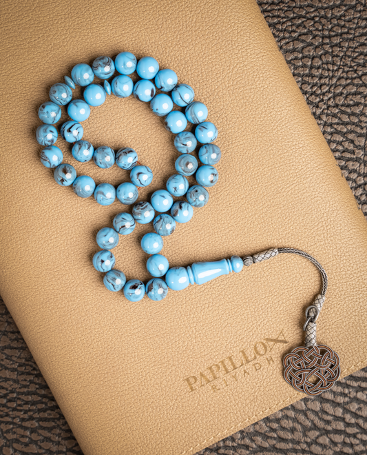 Bakelite Subha with Silver Tassel – 45 Beads - Light Blue
