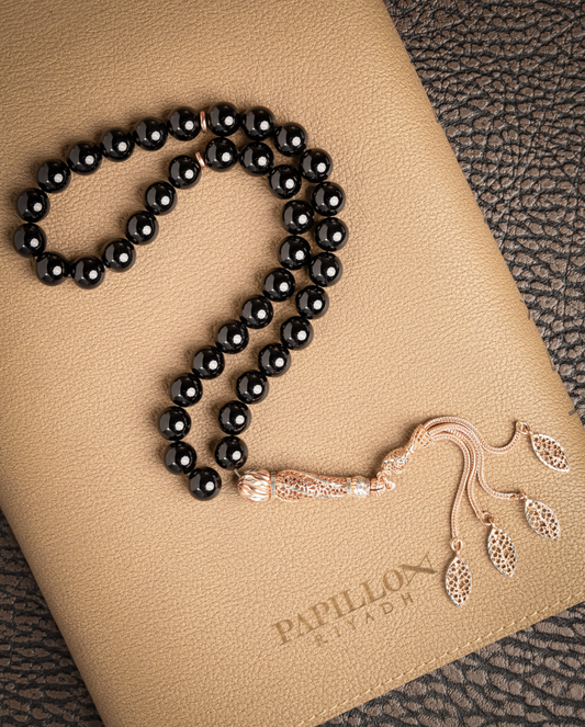 Onyx Stone Subha with Rose Gold-Plated Silver – 39 Beads