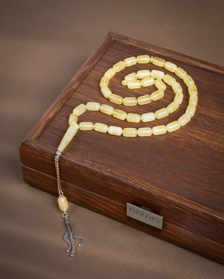 Amber Subha with Zari Tassel – 47 Beads - Light Yellow