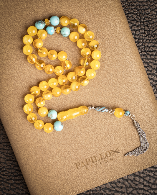 Natural Amber Subha with Turquoise & Silver – 43 Beads