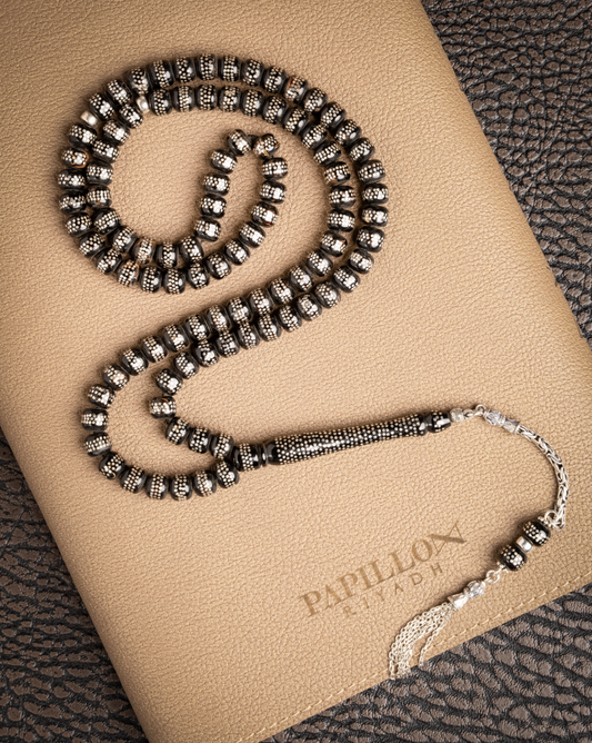 Yusr Coral Subha with Black Silver Inlay – 99 Beads