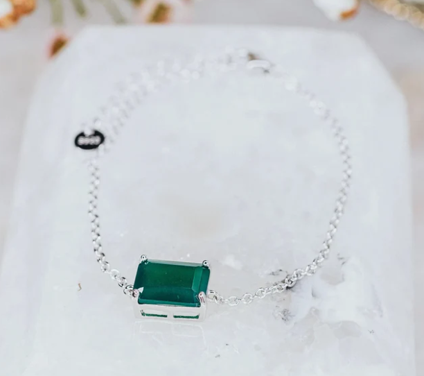Green onyx silver rectangular bracelet