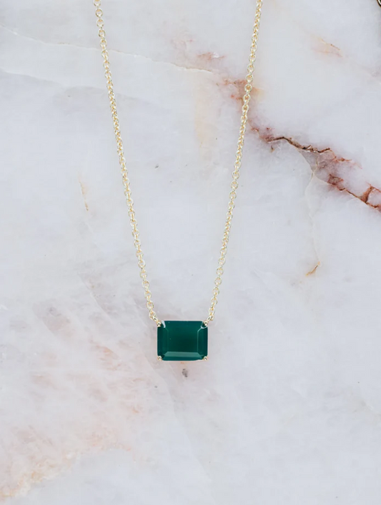 LINDEZA Green onyx 14K plated rectangular necklace