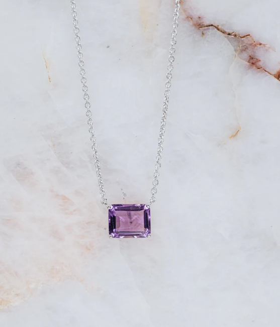 Amethyst silver rectangular necklace
