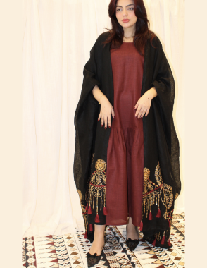 ALWAFRAH Black Linen Abaya with Red Dress