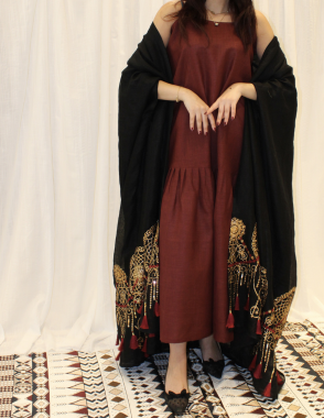 Black linen abaya with red dress