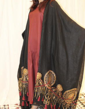 ALWAFRAH Black Linen Abaya with Red Dress