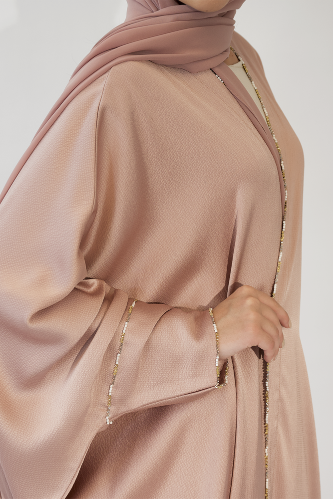 Briolette Beaded Salmon Silk Crepe abaya -58