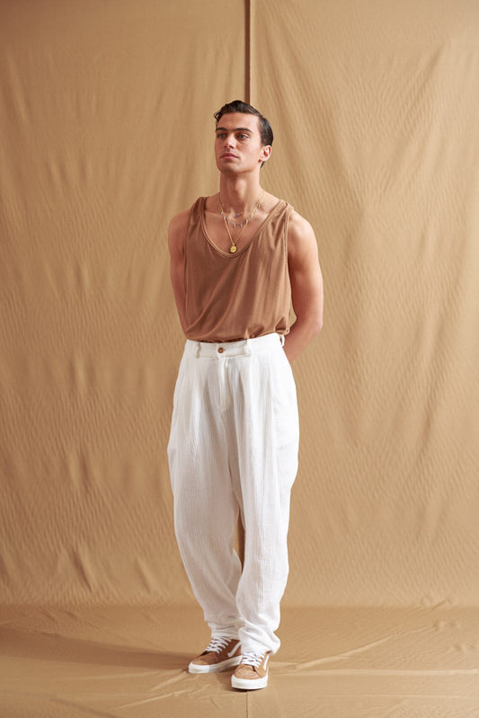 DANTE Light Cotton Pleated Pants Dandelion White - Small Medium