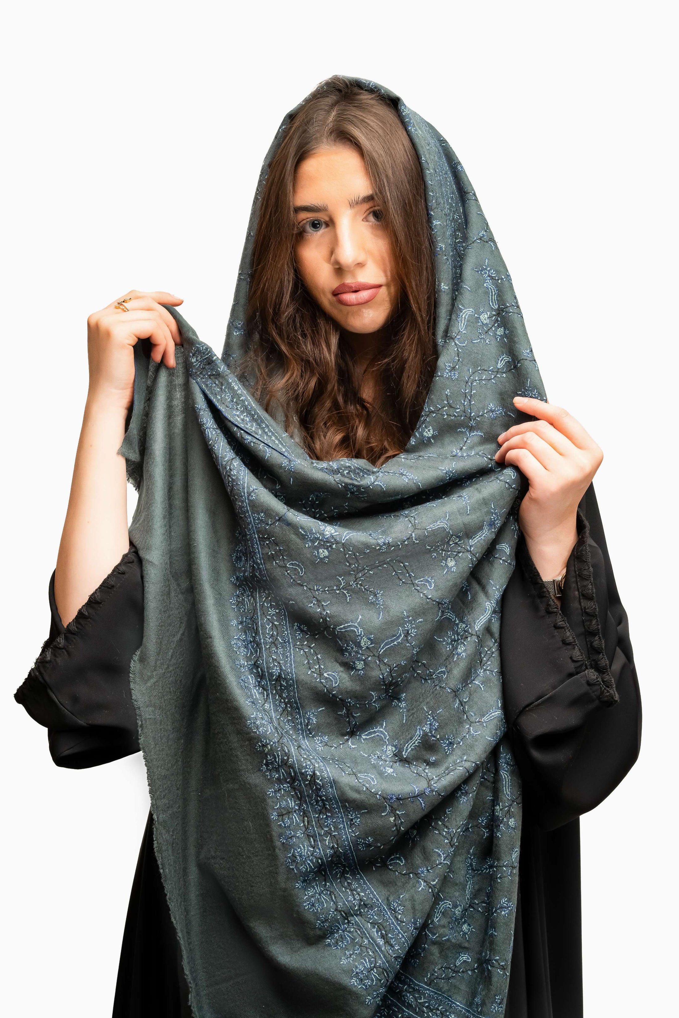 Pashmina Jaal Allover Dark Grey with white Embroidery