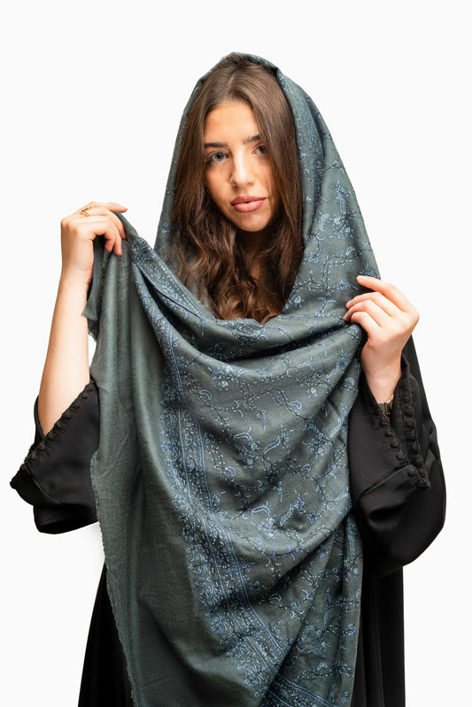 Pashmina Jaal Allover Dark Grey with white Embroidery