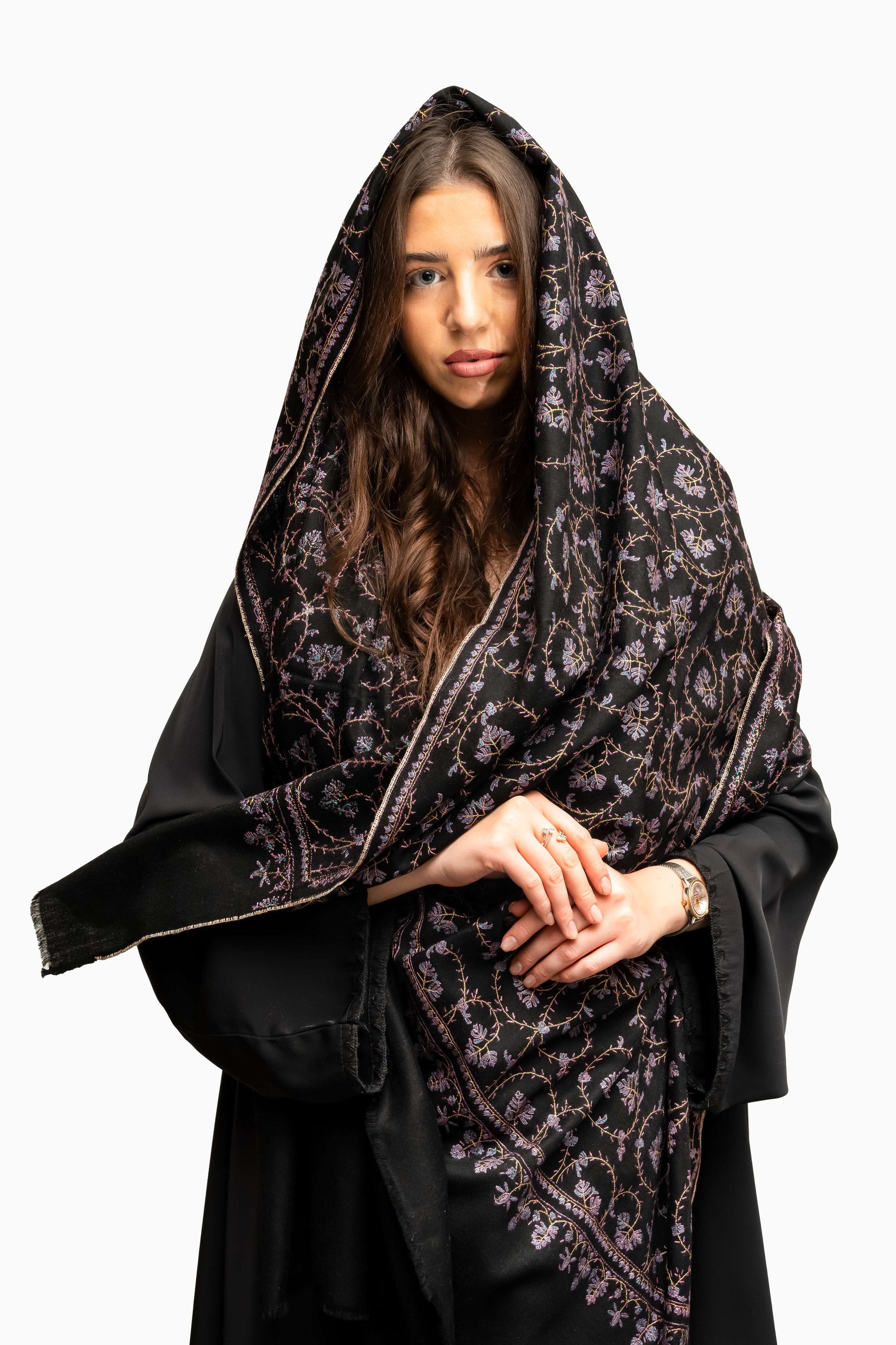 Pashmina Jaal Allover Black with Blue Embroidery