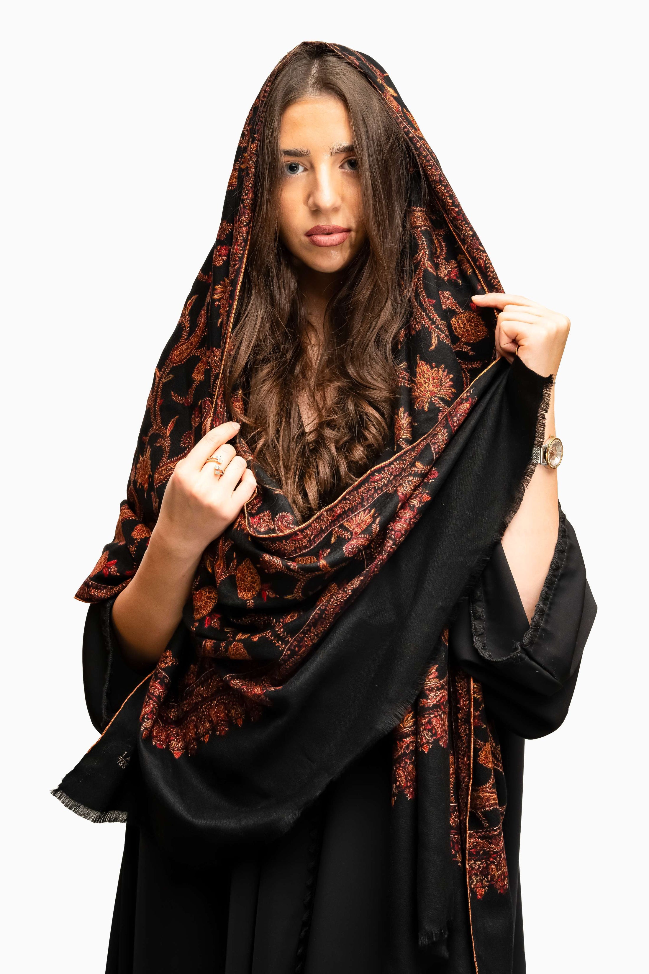 Pashmina Jaal Allover Black with Orange Embroidery