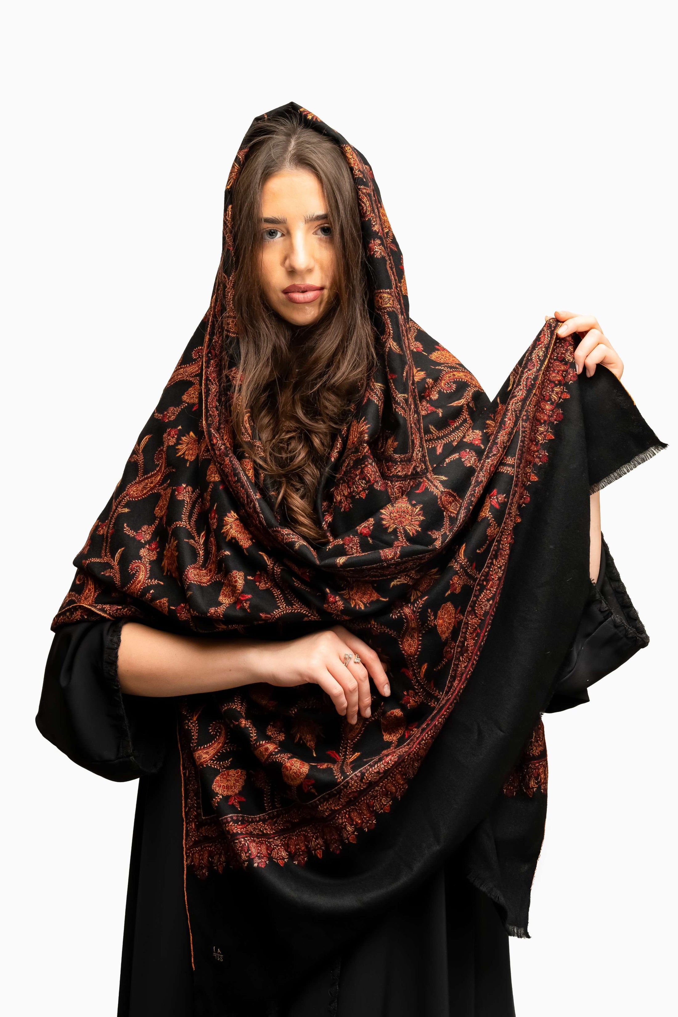 Pashmina Jaal Allover Black with Orange Embroidery