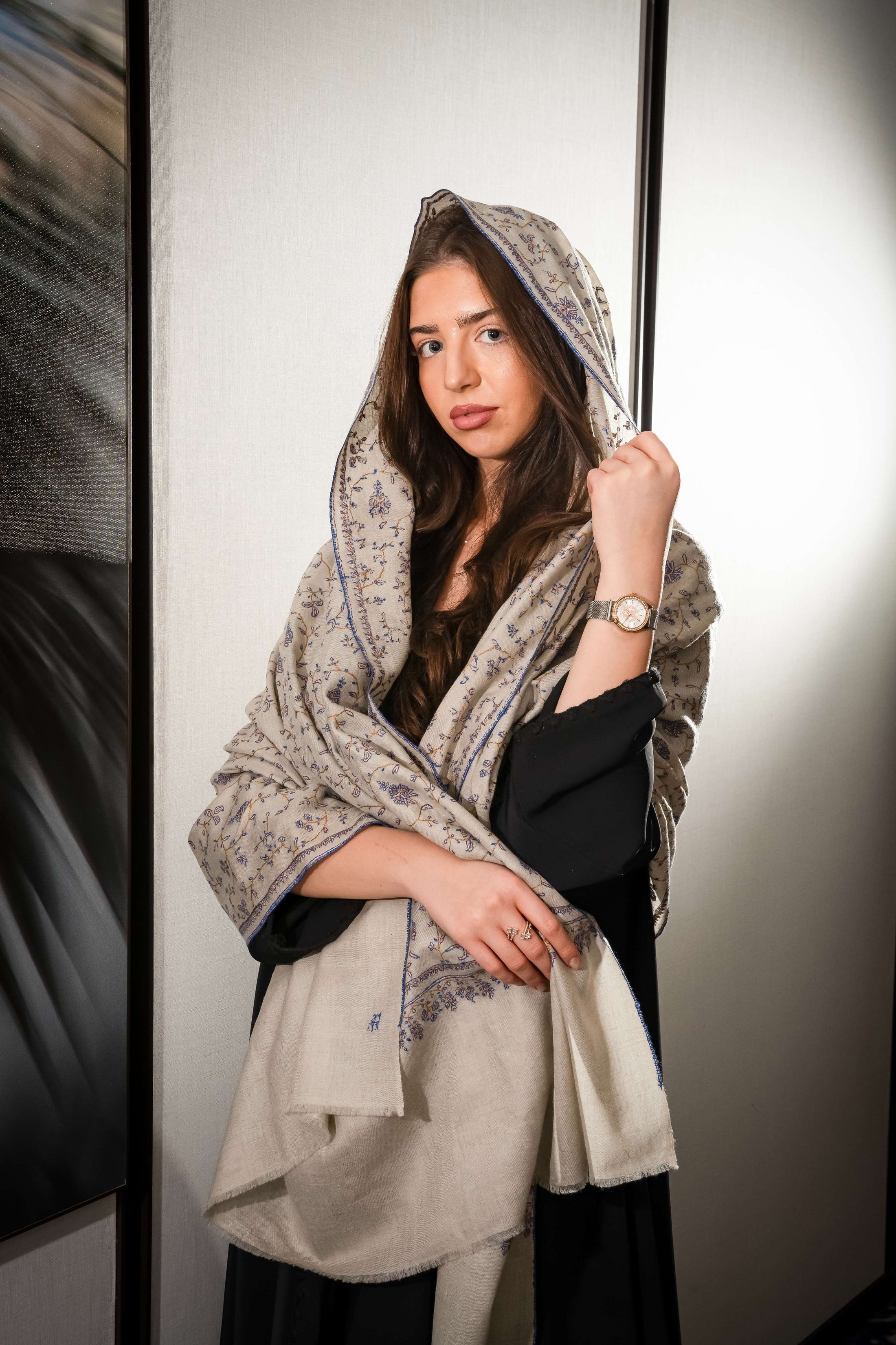 Pashmina Jaal Allover Dark Beige with Blue Embroidery