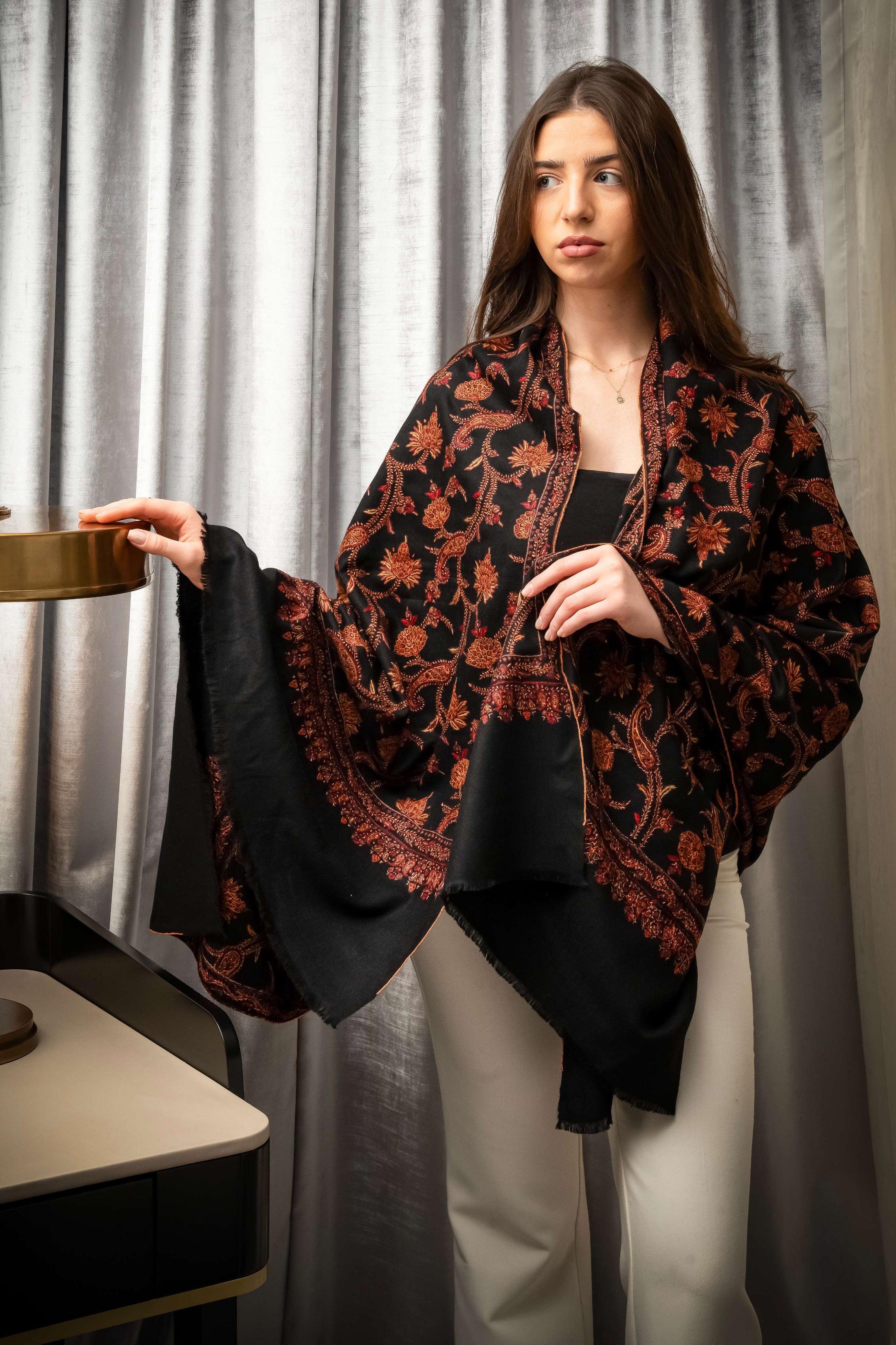 Pashmina Jaal Allover Black with Orange Embroidery