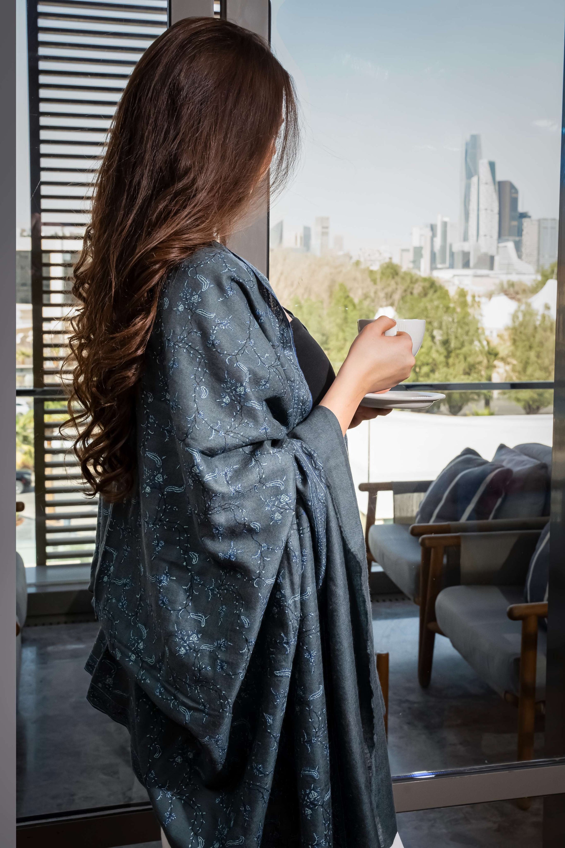 Pashmina Jaal Allover Dark Grey with White Embroidery