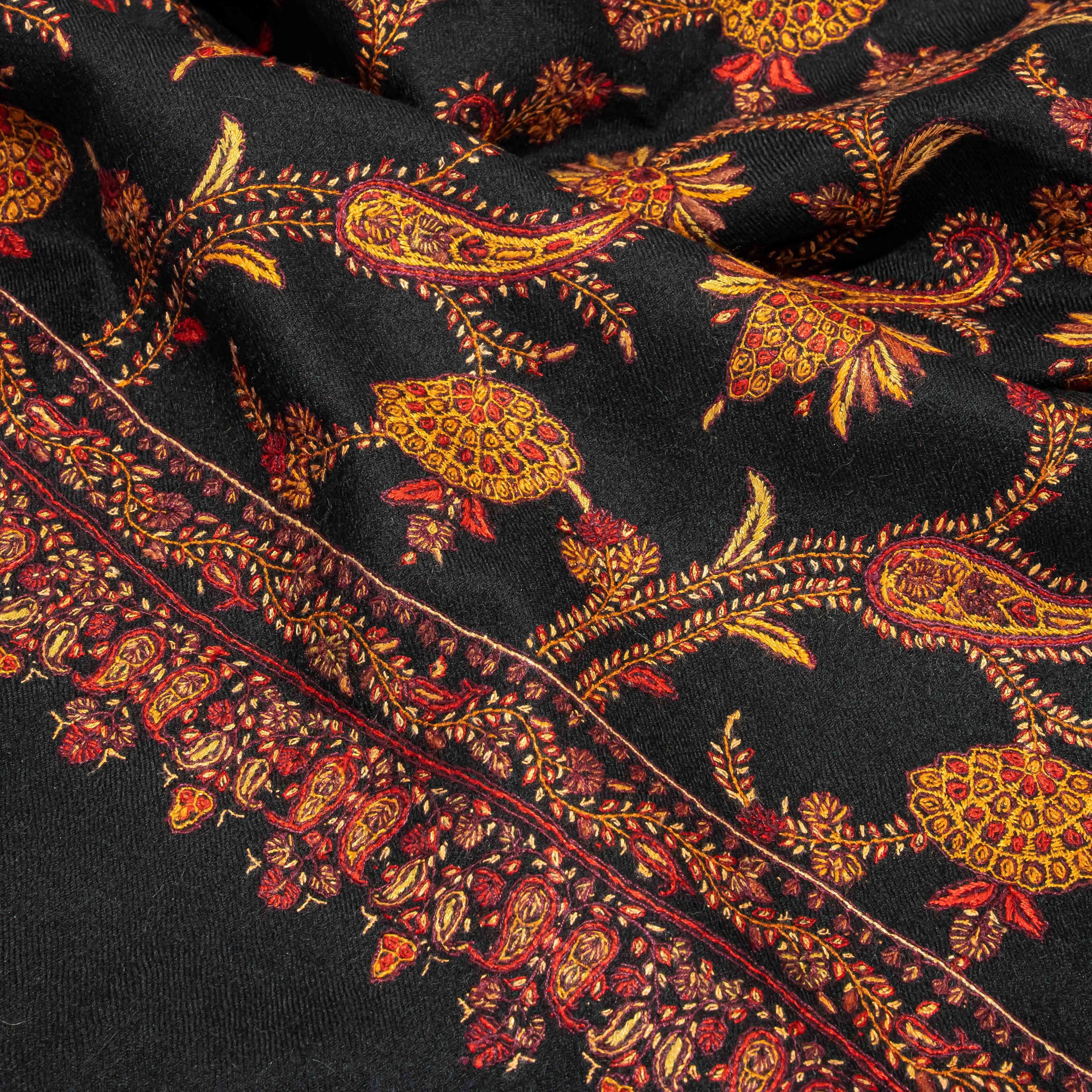Pashmina Jaal Allover Black with Orange Embroidery