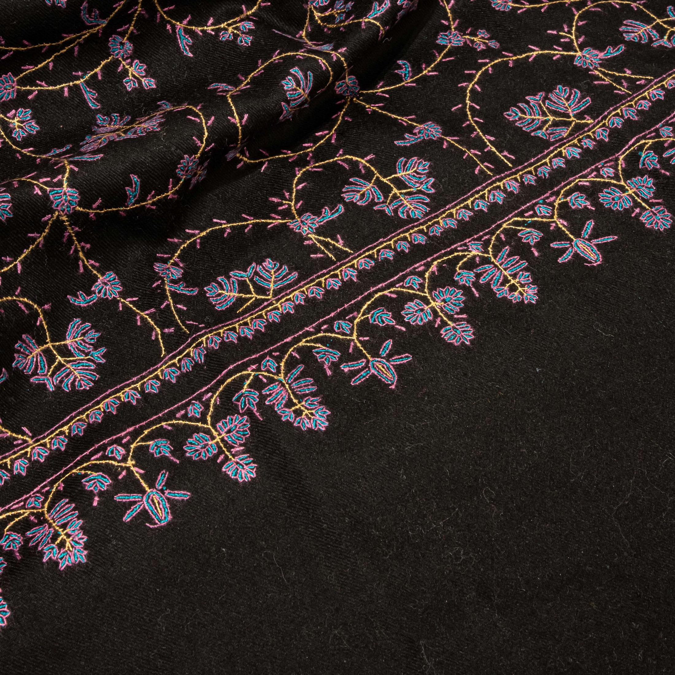 Pashmina Jaal Allover Black with Blue Embroidery