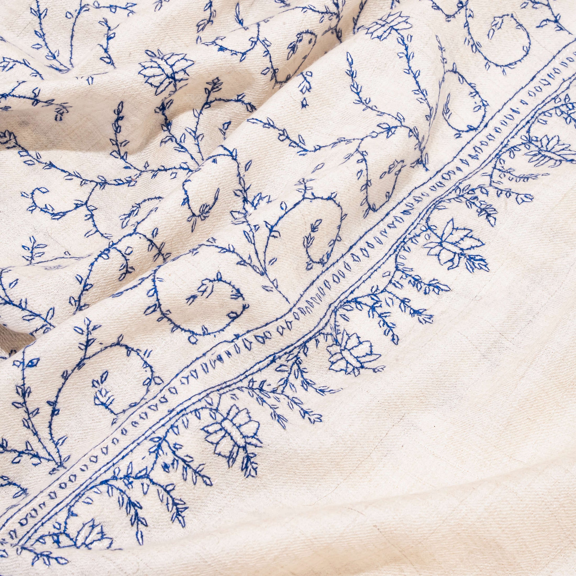 Pashmina Jaal Allover Beige with Blue Embroidery